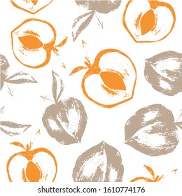 Hand drawn vector decorative peach pattern. Peach drawing background. Fruit background. Peach silhouette illustration.