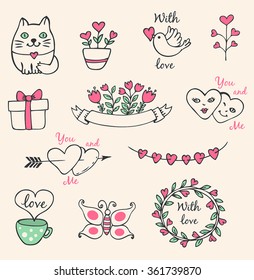 Hand drawn vector decorative Valentine elements for design