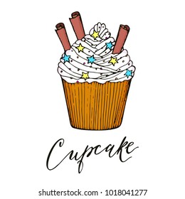 Hand drawn vector delicious dessert isolated on white background. Bright food illustration, brush lettering template.