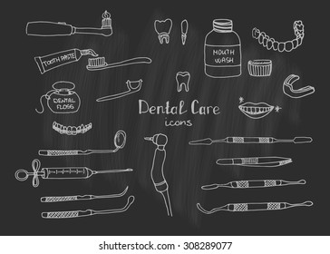 Hand drawn vector dental care icons, Dental symbols, Dental floss, teeth, mouth, tooth paste, tooth brush, dentist instruments doodle icons, sketch, brilliant smile, tooth wash