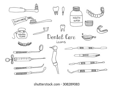 Hand drawn vector dental care icons, Dental symbols, Dental floss, teeth, mouth, tooth paste, tooth brush, dentist instruments doodle icons, sketch, brilliant smile, tooth wash