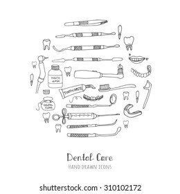 Hand drawn vector dental care icons, Dental symbols, Dental floss, teeth, mouth, tooth paste, tooth brush, dentist instruments doodle icons, sketch, brilliant smile, tooth wash