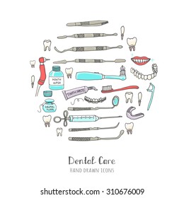 Hand drawn vector dental care icons, Dental symbols, Dental floss, teeth, mouth, tooth paste, tooth brush, dentist instruments doodle icons, sketch, brilliant smile, tooth wash