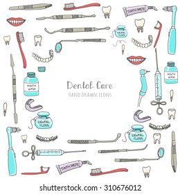 Hand drawn vector dental care icons, Dental symbols, Dental floss, teeth, mouth, tooth paste, tooth brush, dentist instruments doodle icons, sketch, brilliant smile, tooth wash