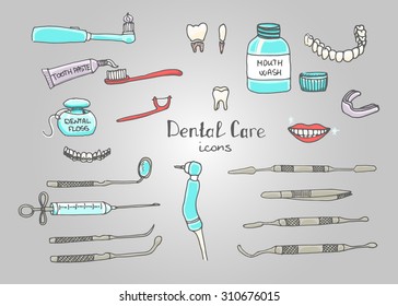 Hand drawn vector dental care icons, Dental symbols, Dental floss, teeth, mouth, tooth paste, tooth brush, dentist instruments doodle icons, sketch, brilliant smile, tooth wash