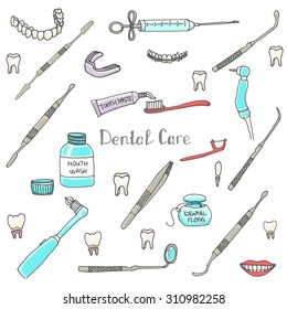 Hand drawn vector dental care icons, Dental symbols, Dental floss, teeth, mouth, tooth paste, tooth brush, dentist instruments doodle icons, sketch, brilliant smile, tooth wash