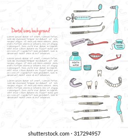 Hand drawn vector dental care icons, Dental symbols, Dental floss, teeth, mouth, tooth paste, tooth brush, dentist instruments doodle icons, sketch, brilliant smile, tooth wash