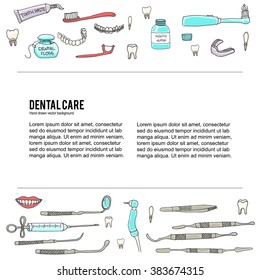 Hand drawn vector dental care icons, Dentist symbols, Dental floss, teeth, mouth, tooth paste, tooth brush, dentist instruments doodle icons, sketch, brilliant smile, tooth wash