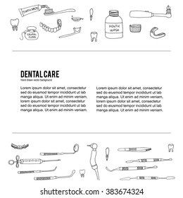 Hand drawn vector dental care icons, Dentist symbols, Dental floss, teeth, mouth, tooth paste, tooth brush, dentist instruments doodle icons, sketch, brilliant smile, tooth wash