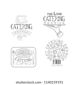 Hand drawn vector design of 4 catering service logos. Sketch emblems with tasty food, coffee cup, hand with tray and calligraphic text