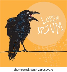 Hand drawn vector design with black crow or raven in the technique of linocut or woodcut stamp.