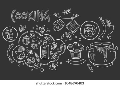 Hand drawn vector design of cooking ingredients and kitchen utensils for preparation dishes. Food and drink. Culinary theme. Decorative elements for recipe book. Trendy sketch style