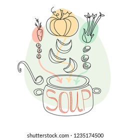Hand drawn vector design of cooking ingredients and kitchen utensils for preparation dishes.