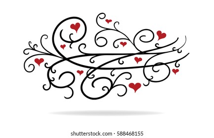 hand drawn vector design of elegant curls and red hearts in romantic pretty decoration, cute valentines day design element