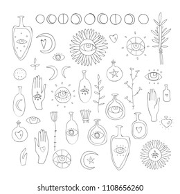 Hand drawn vector design elements Drawing of esoteric symbols Spiritual magic sacred signs and symbols on white background witchcraft  Bootles with herbs Moon phases mystic things collection