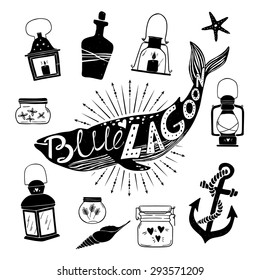 Hand drawn vector design elements. Marine kit (lantern, jars, anchor, shells, bottle of rum, starfish). Vintage.