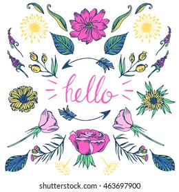 Hand drawn vector design elements in vintage style. Rustic decorative plants collection. Card with lettering Hello and beautiful floral doodle elements.