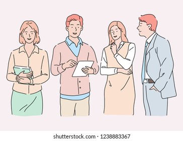 Hand Drawn Vector Design Illustration, Discuss with Colleagues