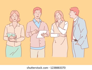 Hand Drawn Vector Design Illustration, Discuss with Colleagues