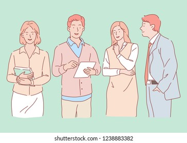 Hand Drawn Vector Design Illustration, Discuss with Colleagues