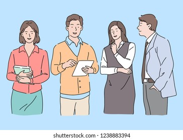 Hand Drawn Vector Design Illustration, Discuss with Colleagues
