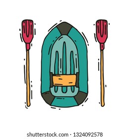 Hand drawn vector design of inflatable rubber boat and two paddles, top view. Outdoor adventure. Fishing and tourism
