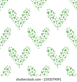 Hand drawn vector design for packages, wrapping paper, print, happy valentines day, ecology, save planet, love. Seamless pattern with green hearts on white background.