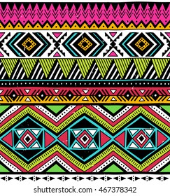 Hand drawn vector design. Seamless multicolor pattern in tribal navajo style. Traditional ethnic folk motif. Aztec vector background. Abstract geometric art print. Textile design, fabric