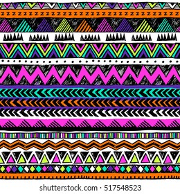 Hand drawn vector design. Seamless multicolor pattern in tribal style. Traditional ethnic folk motif. Aztec vector background. Abstract geometric art print. Textile design, fabric, texture, paper. 