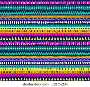 Hand drawn vector design. Seamless multicolor pattern in tribal style. Traditional ethnic folk motif. Aztec vector background. Abstract geometric art print. Textile design, fabric, texture, paper. 