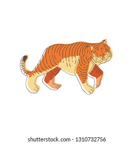 Hand drawn vector design of walking tiger, side view. Large wild cat with orange striped coat. Predatory animal