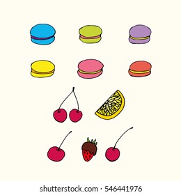 Hand drawn vector desserts set: macaroons and fruits. Simple illustration, cafe desserts.