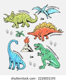 Hand drawn vector dinosaur illustrations. Tyrannosaurus Rex, Stegosaurus, Brachiosaurus, Triceratops, and Pterodactyl cartoons.