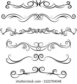 Hand drawn vector dividers. Decorative swirls lines, flourished borders and curl set. Design elements 6