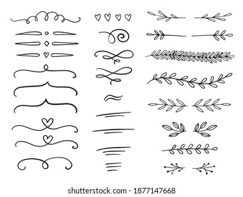 Hand drawn vector dividers and design elements. Lines, borders and laurels set. A set of doodle design elements.