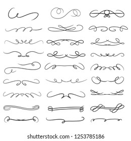 Hand drawn vector dividers, doodle. Lines, borders and laurels set. isolated vector ornament for wedding invitation.