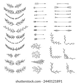 Divisores vectoriales dibujados a mano, esquinas florales y laureles establecidos. Elementos de diseño Doodle.