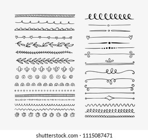 Hand drawn vector dividers. Lines, borders and laurels set. Doodle design elements.