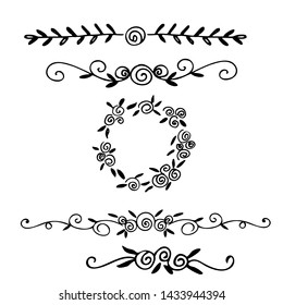 Hand drawn vector dividers. Lines, borders and laurels set. Doodle design elements.