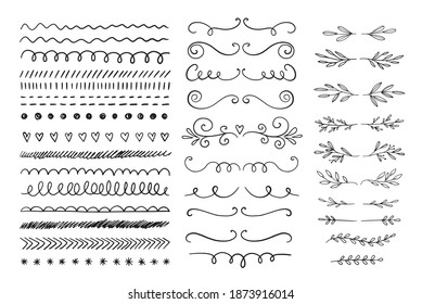 Hand drawn vector dividers. Lines, borders and laurels set. Doodle design elements.