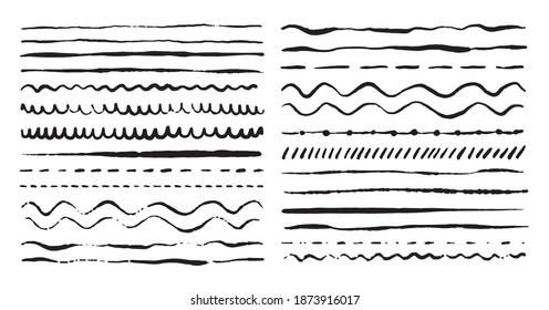 Hand drawn vector dividers. Lines, borders and laurels set. Ink doodle design elements. Brush stroke marks.