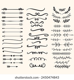 Hand drawn vector dividers. Lines, borders and laurels set with illustration style and doodle art