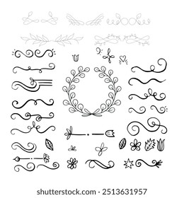 Séparateurs d'Images vectorielles dessinés à la main. Des lignes, des bordures et des lauriers.