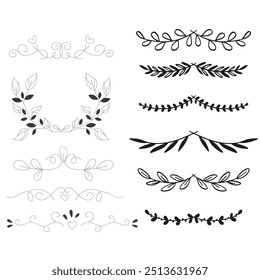 Séparateurs d'Images vectorielles dessinés à la main. Des lignes, des bordures et des lauriers.