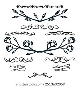 Séparateurs d'Images vectorielles dessinés à la main. Des lignes, des bordures et des lauriers.