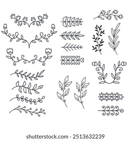 Séparateurs d'Images vectorielles dessinés à la main. Des lignes, des bordures et des lauriers.
