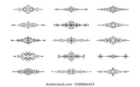 Hand drawn vector dividers. Lines, borders and laurels set. Outline graphics for wedding cards and invitations