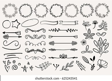 Hand drawn vector dividers. Lines, borders and laurels set. Doodle design elements.