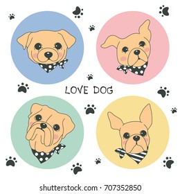 Hand drawn vector dog cute cartoon design, dog vector illustration, bulldog, french bulldog, Boxer, Pug