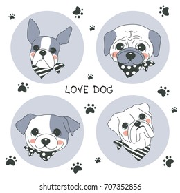 Hand drawn vector dog cute cartoon design, dog vector illustration, bulldog, french bulldog, Boxer, Pug